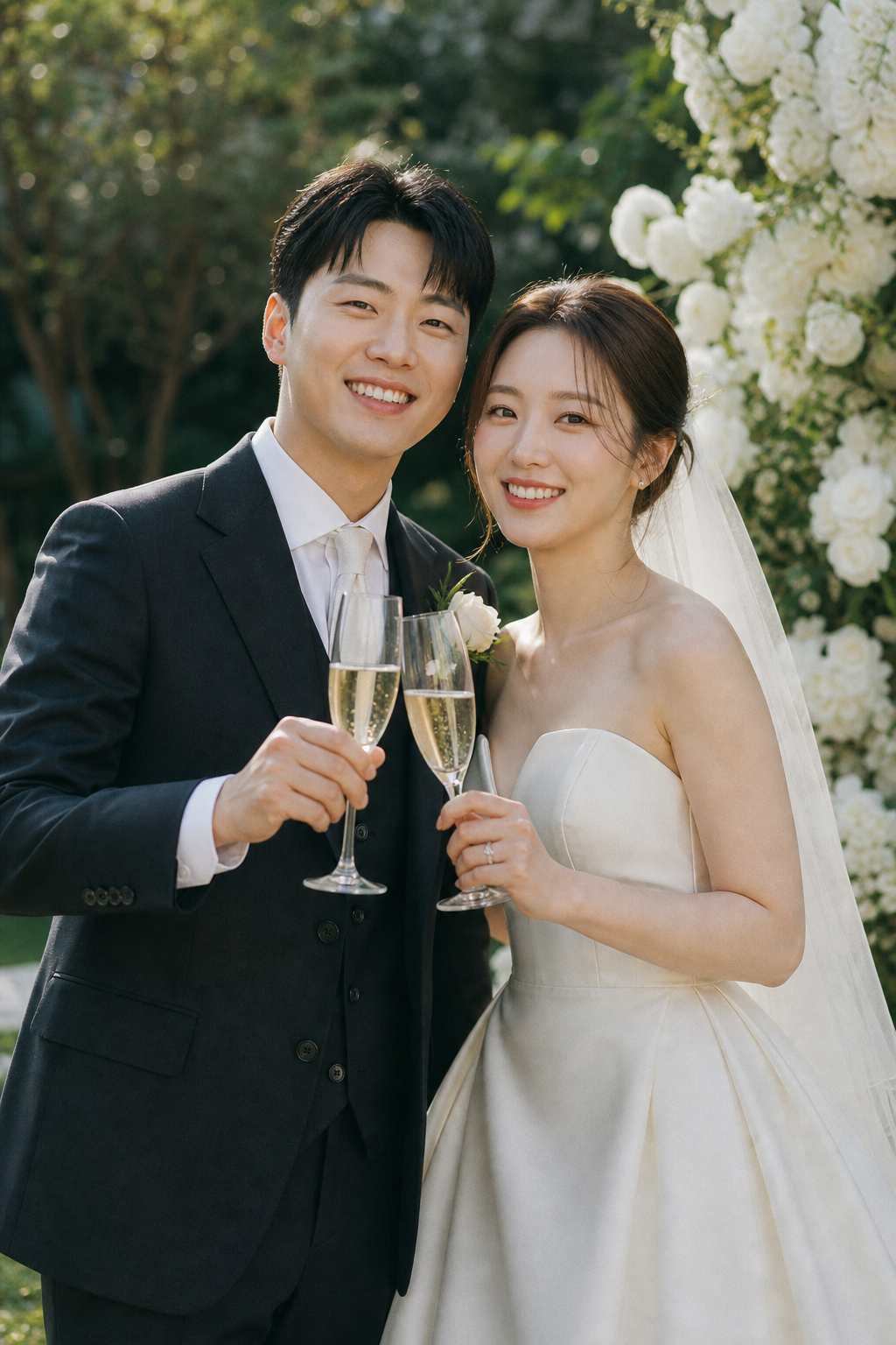 가든 샴페인 토스트 AI 웨딩스냅 예시