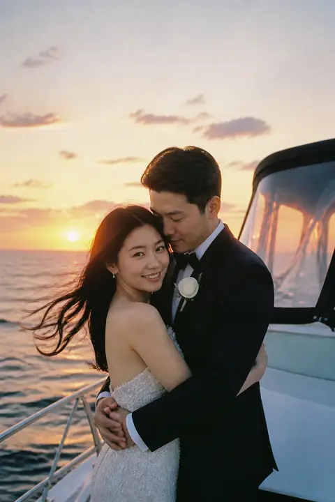 요트 일몰 백허그